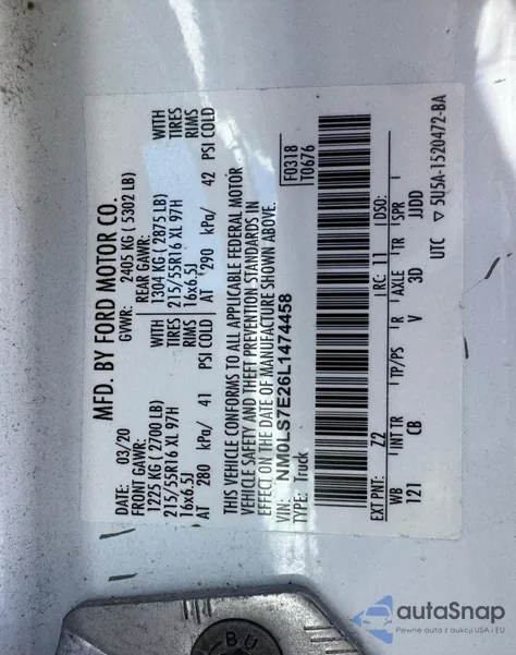 2020 Ford Transit Connect Xl из США, поврежденный, VIN NM0LS7E26L1474458